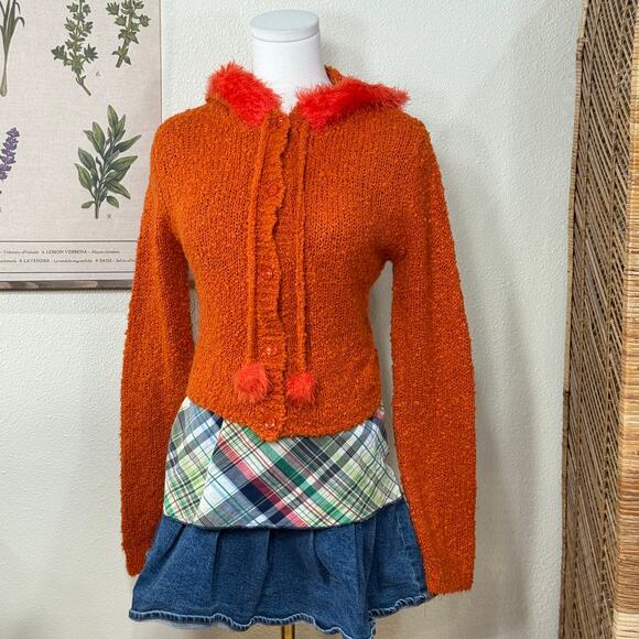 Unif Fuku Orange Hooded Fuzzy Cropp Cardigan Sweater Whimsy Twee Fairy Grunge M - Picture 3 of 6